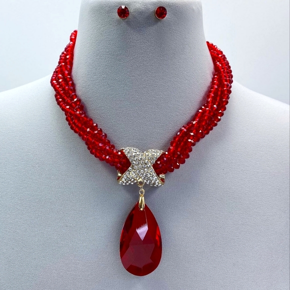 Red Crystal Necklace Set, Delta Sigma Theta Statement Jewelry, Red Sorority Gift - Picture 1 of 2